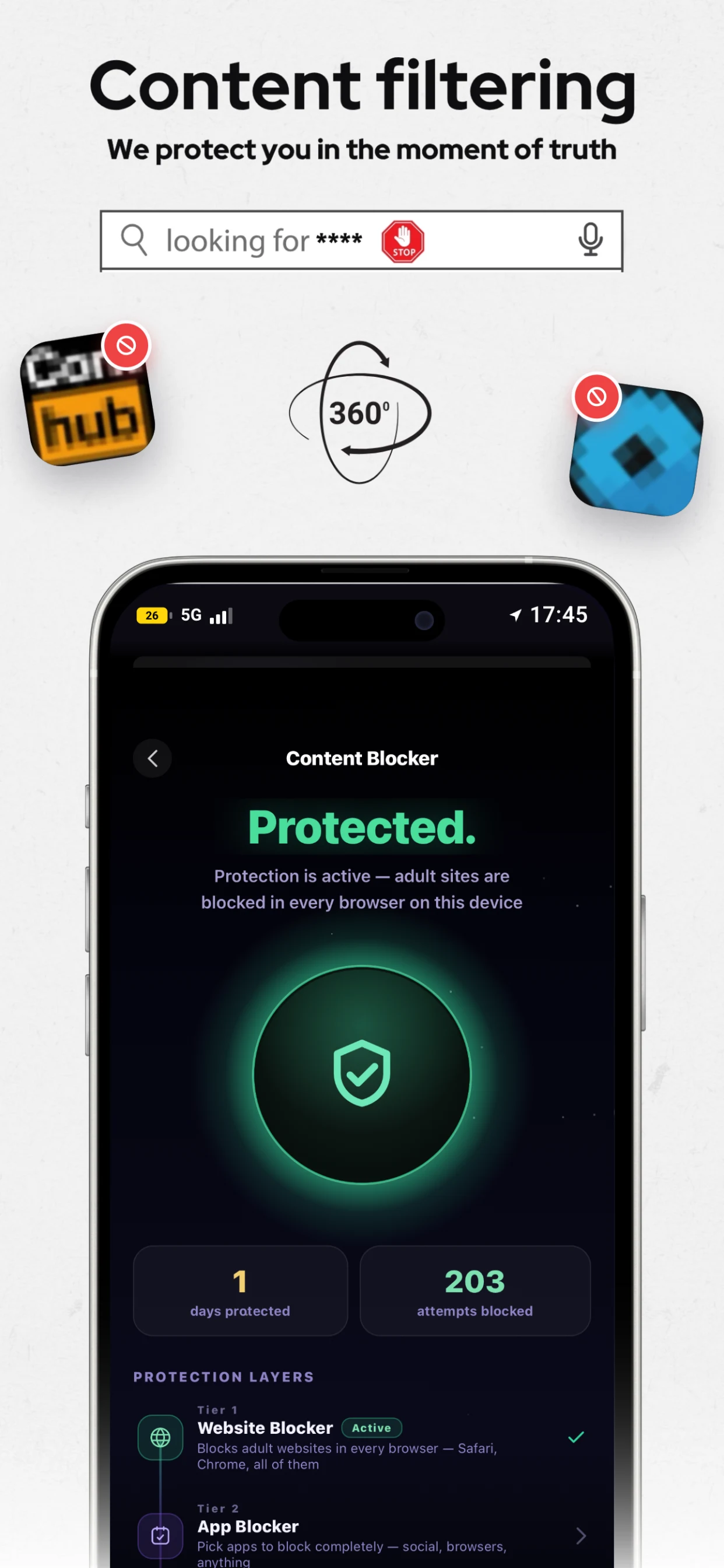 Mehayom content filtering screen showing active website and app protection