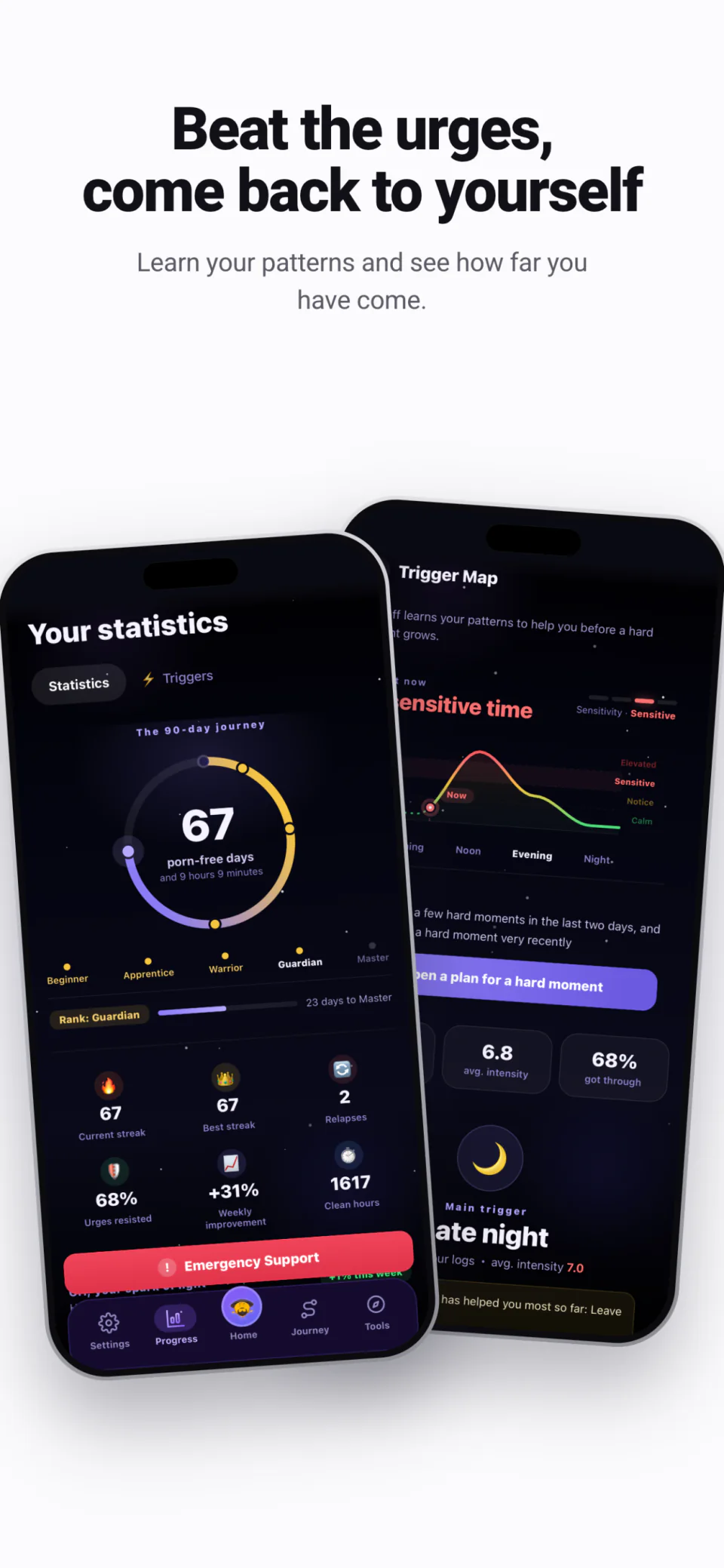 Mehayom progress statistics and trigger map screens in English